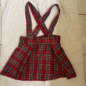 Red Plaid Pinafore Dress Jumper Velcro Waist, Pinned Criss-Cross Straps